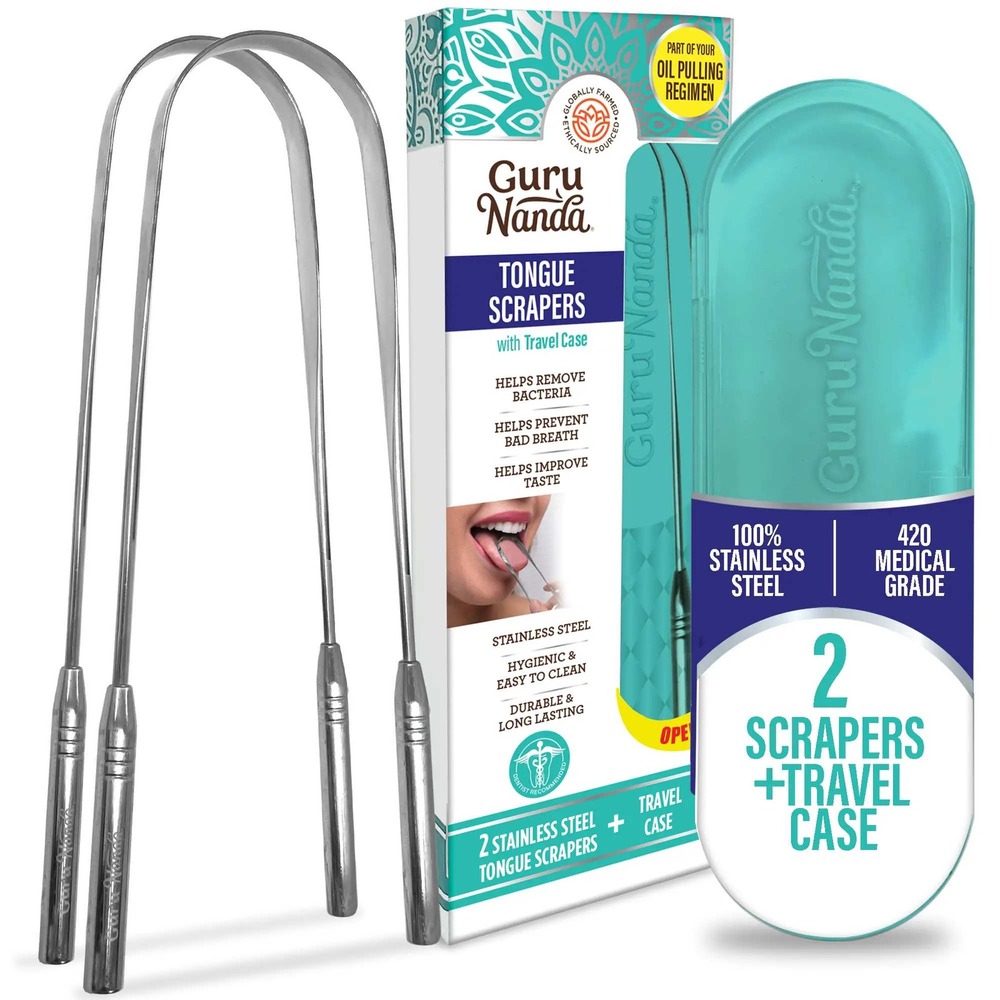GuruNanda Tongue Scraper 2 Pack 420 Medical Grade Stainless Steel Travel Case